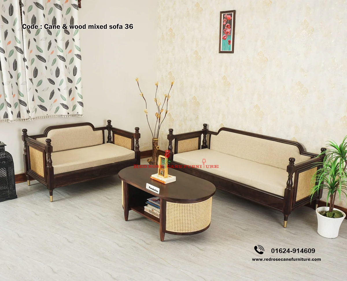 Cane and Wood Mixed Sofa-36