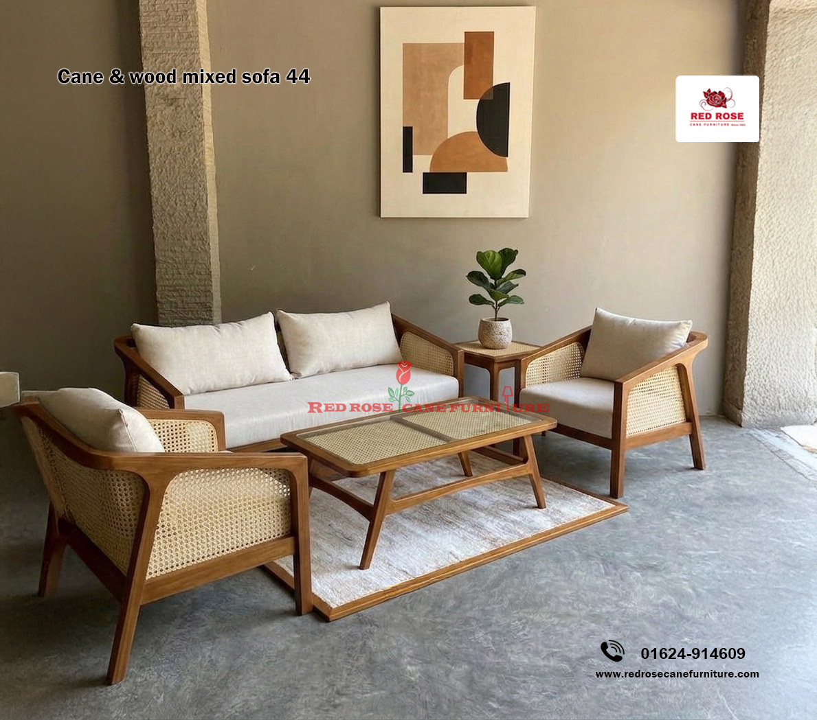 Cane and Wood Mixed Sofa-44