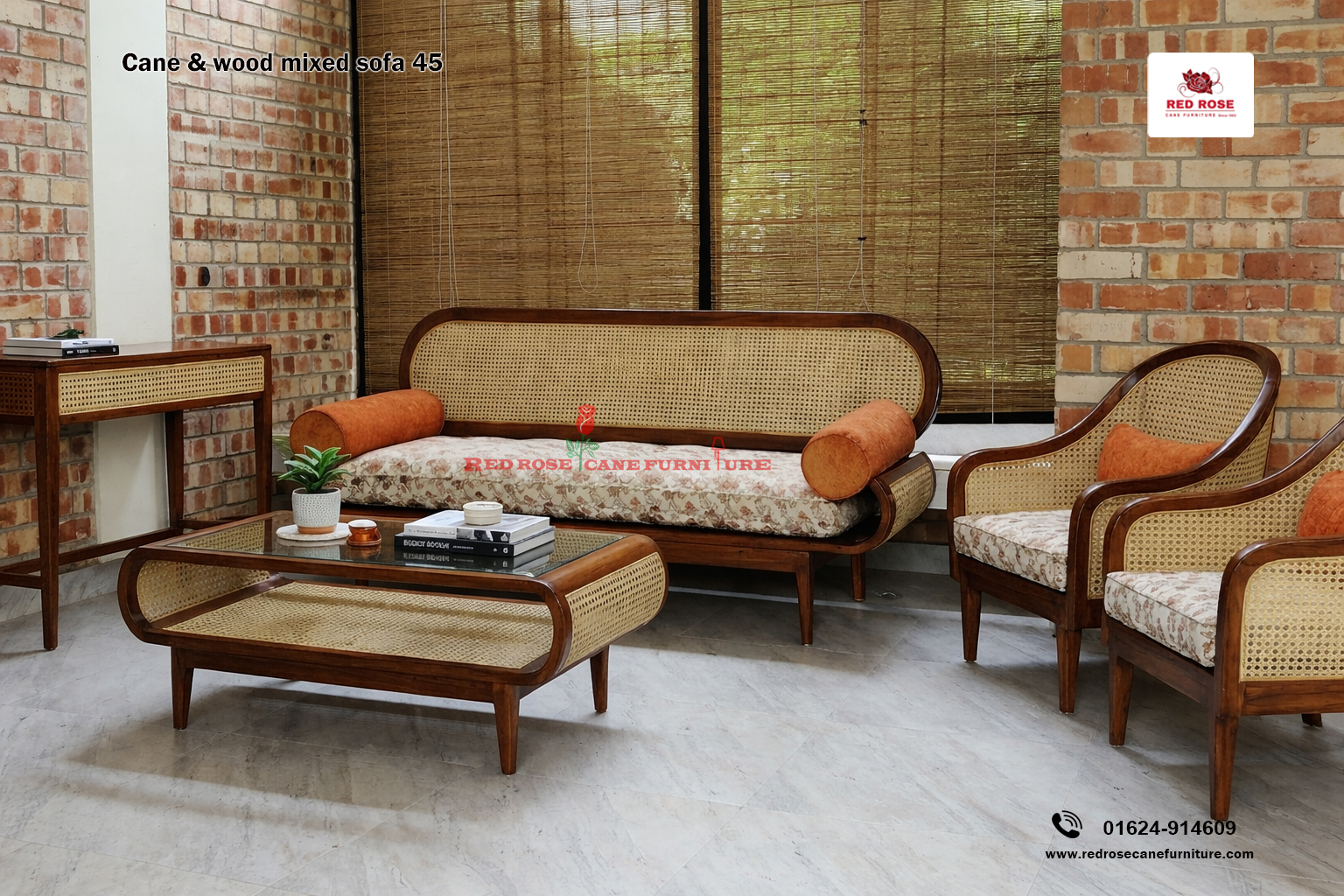 Cane and Wood Mixed Sofa-45