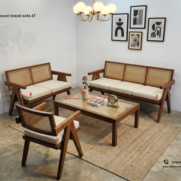 Cane and Wood Mixed Sofa-47