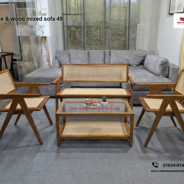 Cane and Wood Mixed Sofa-49